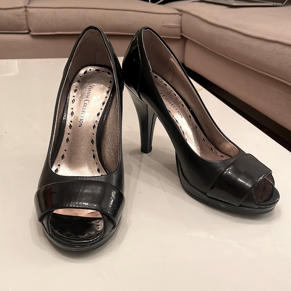 Leather Black Open Toe Heels 👠